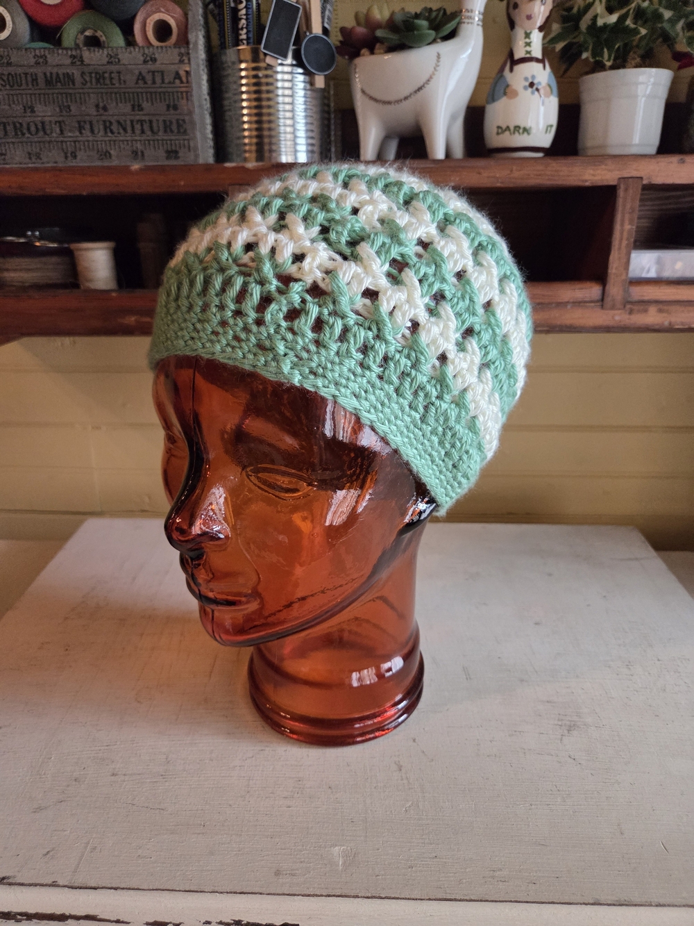 Handmade Mint Green and Cream Crochet Beanie